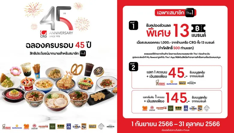 ซีอาร์จี ฉลองครบรอบ 45 ปี ผนึกกำลัง The 1 (เดอะ วัน) จัดแคมเปญพิเศษ "CRG 45th Anniversary Exclusive Forward" มอบสิทธิประโยชน์มากมาย
