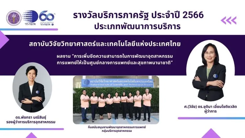 วว. คว้ารางวัลเลิศรัฐ ประจำปี 2566 บริการภาครัฐระดับดี ประเภทพัฒนาการบริการ จาก ก.พ.ร. ด้วยผลงาน "การเพิ่มขีดความสามารถในการพัฒนาอุตสาหกรรมการแพทย์ให้เป็นศูนย์กลางการแพทย์และสุขภาพนานาชาติ"