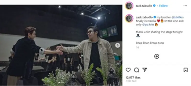 แฟนๆ ใจฟู หลังเห็น "Zack Tabudlo" ขึ้นโชว์บนสเตจงาน "Billkin &amp; PP Krit Asia Fan Meeting 2023 in Manila" พร้อมเมนต์ซัพพอร์ตจากเพื่อนซูเปอร์สตาร์ชาวไทย "ไบร์ท-วชิรวิชญ์" บน IG Reels !!