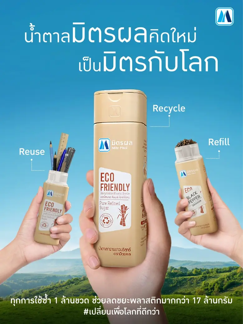 มิตรผล ปรับลุคขวดน้ำตาลใหม่ ดีไซน์สุดมินิมอล ใช้ซ้ำได้หลายรูปแบบ ช่วยลดขยะพลาสติก ร่วมกันเปลี่ยนเพื่อโลกที่ยั่งยืน