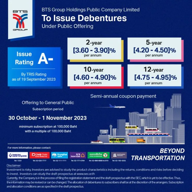 BTS Group offer 4 tranches of unsubordinated and unsecured debentures with debenture holders' representative to General Public Investors