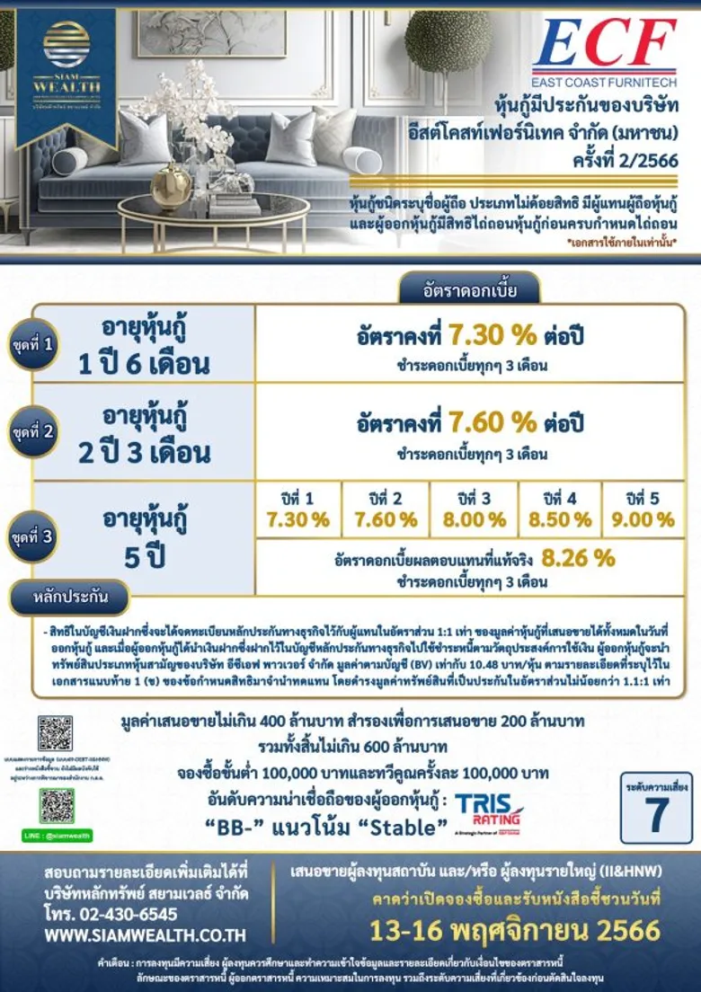 ECF ยื่นไฟลิ่ง เตรียมออกหุ้นกู้ฯ 3 ชุด เรทติ้ง 'BB-' ชูดอกเบี้ย 7.30-9.00% มูลค่า 600 ลบ.