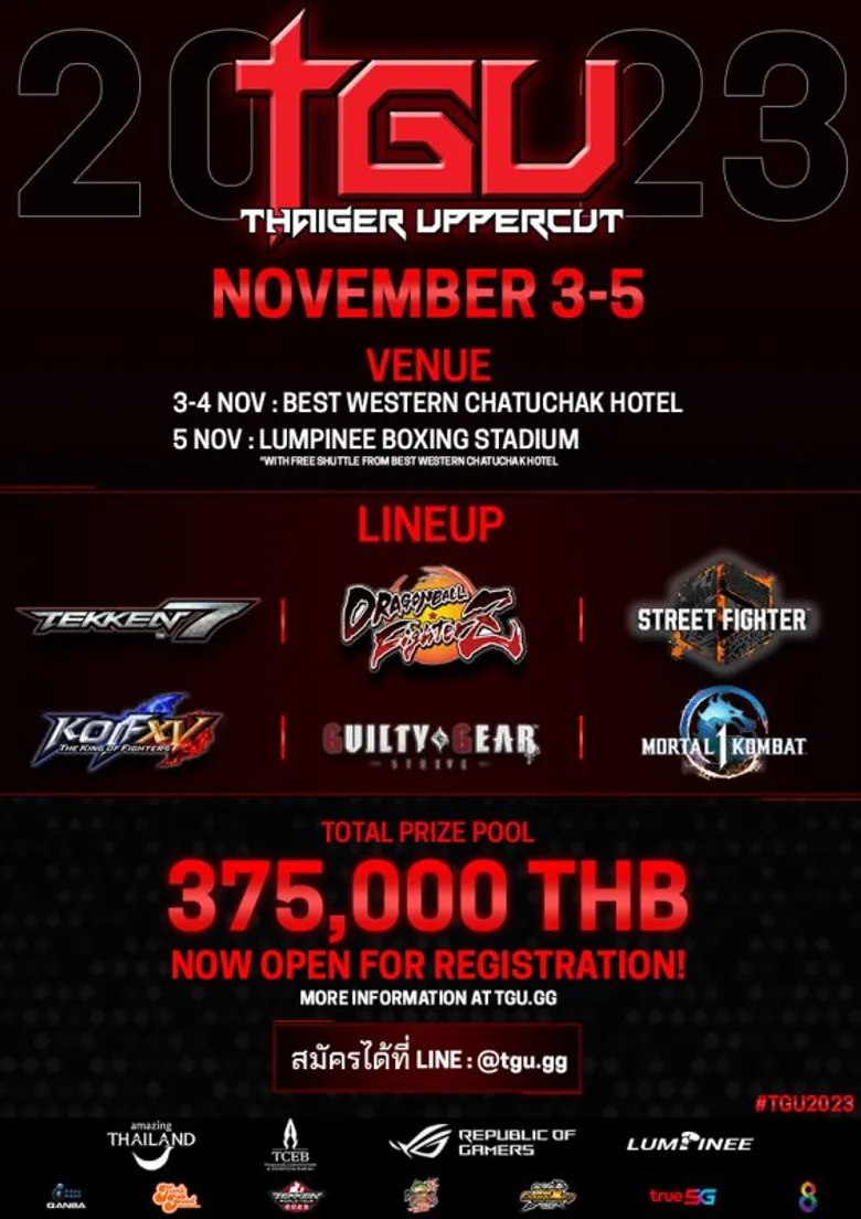 เตรียมพบกับ TGU 2023 (Thaiger Uppercut) งานแข่งเกมต่อสู้ที่ยิ่งใหญ่ที่สุดในภูมิภาคเอเชียตะวันออกเฉียงใต้ วันที่ 3-5 พฤศจิกายน นี้ ชิงรางวัลเงินสดมูลค่ากว่า 375,000 บาท