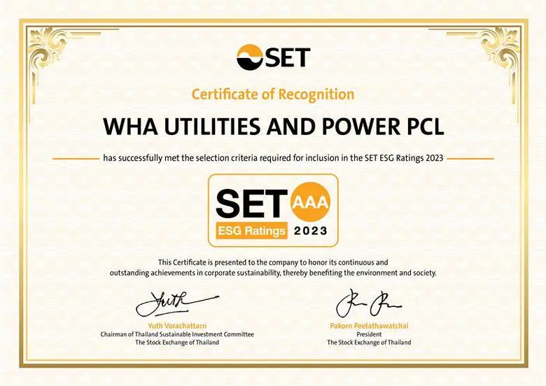 WHAUP ได้รับผลการประเมิน SET ESG Ratings ปี 2566 สูงสุดที่ระดับ "AAA" ติดรายชื่อหุ้นยั่งยืนต่อเนื่องเป็นปีที่ 4 สะท้อนแผนขับเคลื่อนธุรกิจการลงทุน น้ำ - ไฟฟ้า ตอบโจทย์การสร้างผลตอบแทนที่ยั่งยืน