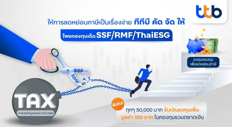 ทีทีบี จัดแคมเปญ "Tax Saving 2023" พร้อมเปิดโพยเด็ดกองทุนลดหย่อนภาษี รับโค้งสุดท้ายปลายปี เพื่อการลดหย่อนภาษีที่คุ้มค่า พร้อมโอกาสรับผลตอบแทนที่ดี