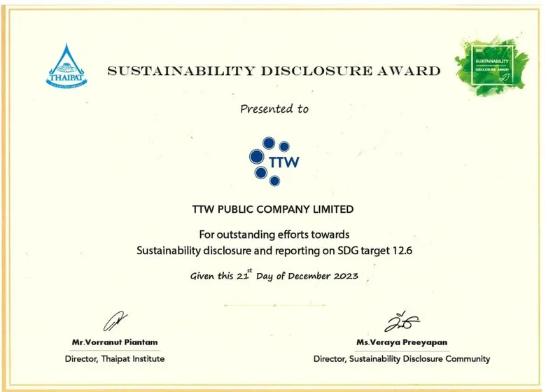 TTW รับรางวัลเกียรติคุณ Sustainability Disclosure Award ประจำปี 2566 จากสถาบันไทยพัฒน์ ต่อเนื่องเป็นปีที่ 5 สะท้อนให้เห็นถึงการพัฒนาองค์กรสู่ความยั่งยืน