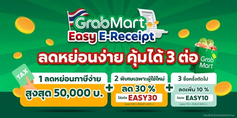 แกร็บมาร์ท ร่วมขบวน "Easy E-Receipt" ชวนช้อปลดหย่อนภาษี ชูไฮไลท์คุ้ม 3 ต่อ