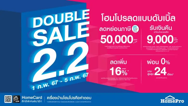 โฮมโปร เบิ้ลความคุ้มรับต้นปี !! จัดใหญ่ "DOUBLE SALE 2.2" ลดแรง 5 วันเต็ม ตั้งแต่ 1-5 ก.พ. 67 นี้ ทุกสาขาและออนไลน์