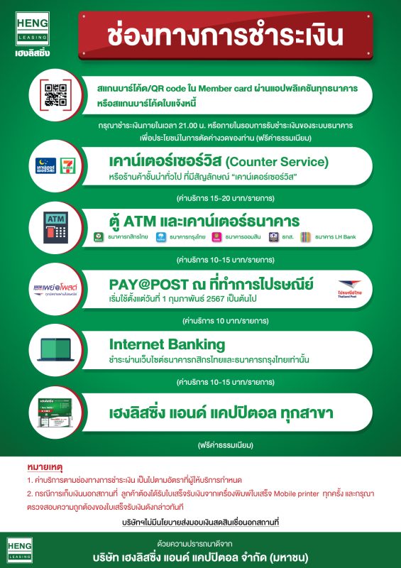 "เฮงลิสซิ่ง" เพิ่มช่องทางการชำระสินเชื่อ ผ่านไปรษณีย์ไทยทุกสาขา เริ่ม 1 ก.พ. 67 เป็นต้นไป