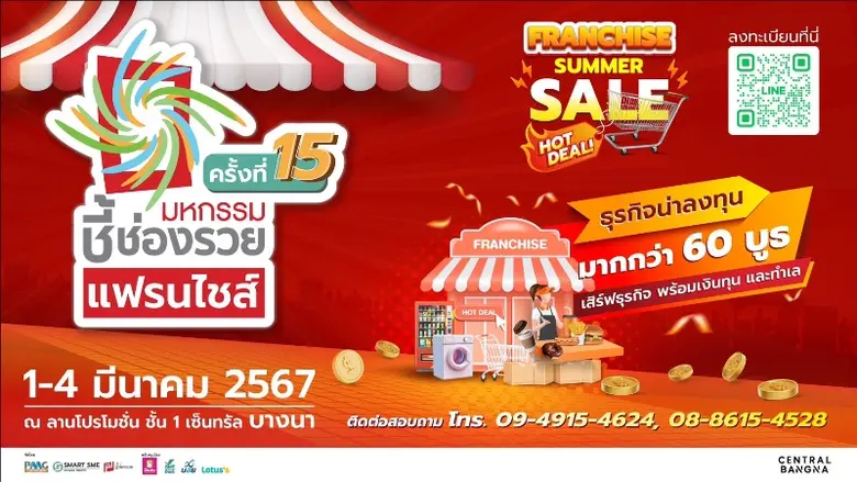 เตรียมช้อปแฟรนไชส์รับซัมเมอร์ "มหกรรมชี้ช่องรวย" วันที่ 1-4 มี.ค.67 เซ็นทรัล บางนา พบทัพธุรกิจกว่า 60 บูธ เสิร์ฟพร้อมเงินทุน &amp; ทำเล 4,000 แห่งทั่วประเทศ