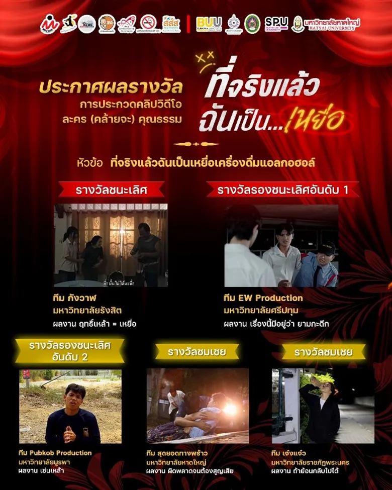 ทีม EW Production DEK FILM SPU เจ๋ง! คว้ารางวัลรองชนะเลิศอันดับ 1 ประกวดคลิปวีดีโอละคร (คล้ายจะ) คุณธรรม "ที่จริงแล้วฉันเป็นเหยื่อเครื่องดื่มแอลกอฮอล์"