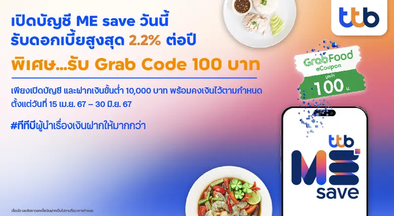 ทีทีบี ชวนออมง่ายได้มากกว่ากับบัญชี ME save รับดอกเบี้ยสูงสุด 2.2% ตั้งแต่บาทแรก รับเพิ่ม Grab Code 100 บาท