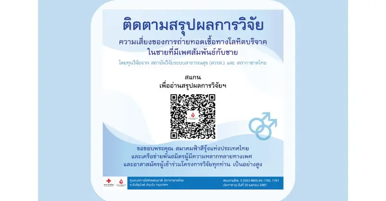 ศูนย์บริการโลหิตแห่งชาติ ร่วมกับ สวรส. เผยผลวิจัยความเสี่ยงของการถ่ายทอดเชื้อทางโลหิตบริจาค "ชายที่มีเพศสัมพันธ์กับชาย"