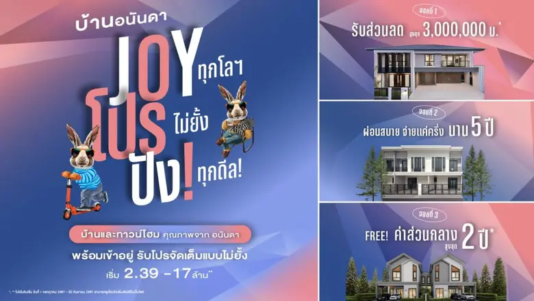 อนันดาฯ เร่งเครื่องกระตุ้นตลาดบ้านเดี่ยว ทาวน์โฮมพร้อมอยู่ อัดโปรโมชั่นต่อเนื่อง "บ้านอนันดา Joy โปร ปัง" รับส่วนลด 3,000,000 บ.* ผ่อนสบายจ่ายแค่ครึ่ง นาน 5 ปี*