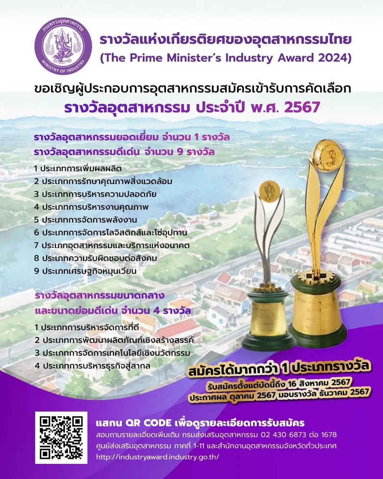 กระทรวงอุตฯ คิกออฟ "รางวัลอุตสาหกรรม" ประจำปี 2567 ชวนผู้ประกอบการชิงรางวัลแห่งเกียรติยศภาคอุตสาหกรรมไทย เปิดรับสมัครแล้ววันนี้