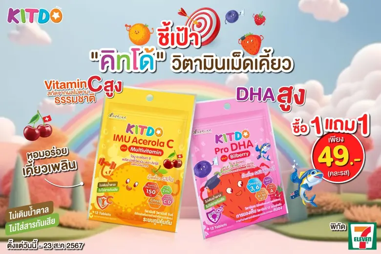 "คิทโด้" วิตามินเม็ดเคี้ยว 2 สูตร 2 รสชาติ มากคุณค่าสารอาหาร จัดโปร 1 แถม 1 ช่วยเสริมภูมิคุ้มกัน ป้องกันหวัด บำรุงสมองและสายตา ซื้อได้ที่เซเว่น อีเลฟเว่น