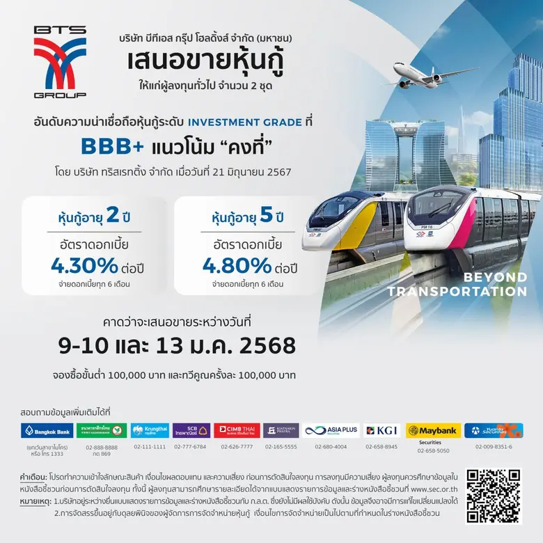 บีทีเอส กรุ๊ปฯ เตรียมออกหุ้นกู้ 2 ชุด อาย...