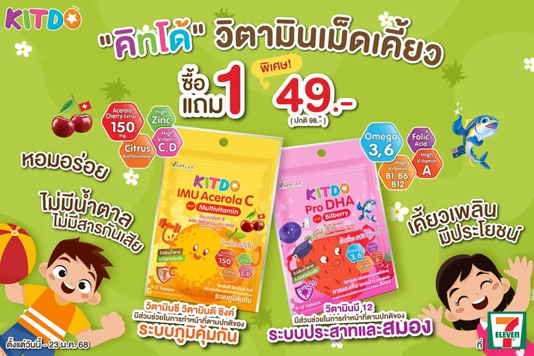 "คิทโด้" วิตามินเม็ดเคี้ยว รสส้มเสริมภูมิคุ้มกัน และรสมิกซ์เบอร์รี่บำรุงสมองและสายตา คุณค่าสารอาหารมาก โปรสุดคุ้มมาก 1 แถม 1 ซอง รับวันเด็ก - 23 ม.ค. 58 ที่เซเว่น อีเลฟเว่น