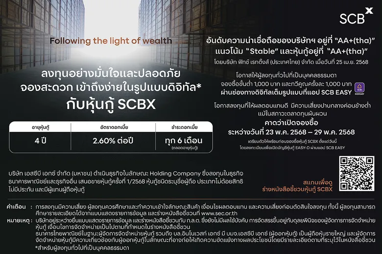SCBX เสนอทางเลือกการลงทุนที่มั่นคง ปลอดภัย ด้วย "หุ้นกู้คุณภาพสูงพร้อมรับทุกสภาวะตลาด" ดอกเบี้ยคงที่ร้อยละ 2.60 ต่อปี จ่ายทุก 6 เดือน