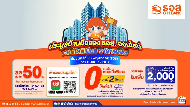 ธอส. นำคอนโดมิเนียม ราคาพิเศษ ลดสูงสุด 50% ทรัพย์สวย ทำเลดีกว่า 500 รายการ ออกประมูลออนไลน์พบกันวันที่ 26 พฤษภาคม 2568 เวลา 12.00 - 12.30 น.