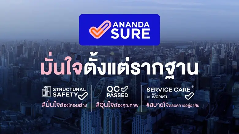 อนันดาฯ ตอกย้ำมาตรฐานความมั่นใจด้วยแคมเปญ "ANANDA SURE มั่นใจตั้งแต่รากฐาน" ดูแลครอบคลุมตั้งแต่โครงสร้างอาคาร ชุมชน และบริการหลังการขาย