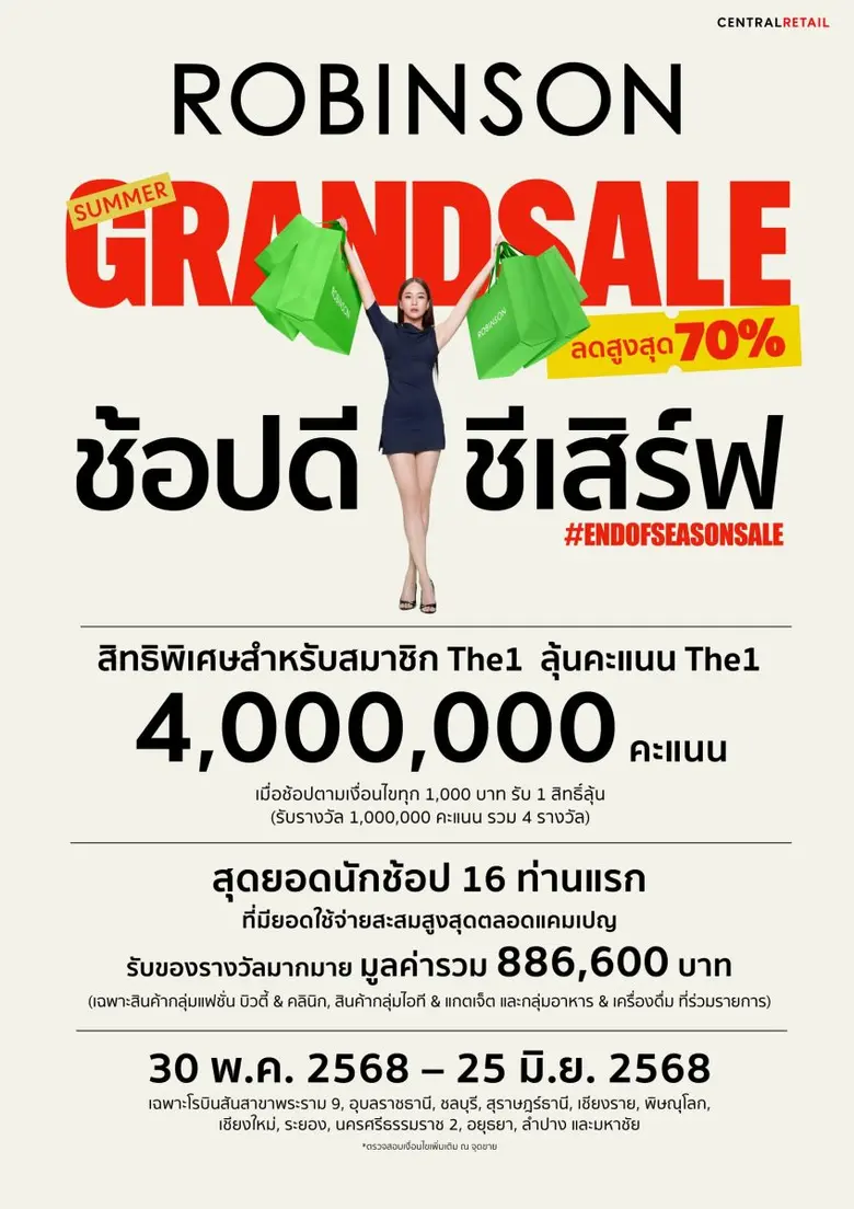 ช้อปดี ชีเสิร์ฟ! เซลกลางปีจากห้างเซ็นทรัล และห้างโรบินสัน ในเครือเซ็นทรัล รีเทล ลดแรงสูงสุด 70% จัดเต็มทุกแพลตฟอร์มใน "Central / Robinson Summer Grand Sale 2025"