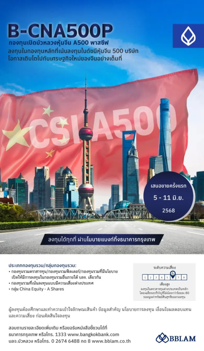 BBLAM เสนอขายกองทุนเปิดบัวหลวงหุ้นจีน A50...