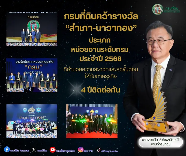 กรมที่ดินได้รับมอบรางวัล "สำเภา นาวาทอง" ประเภทหน่ว...