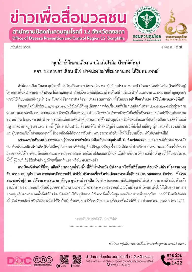 ลุยน้ำ ย่ำโคลน เสี่ยง เลปโตสไปโรสิส (โรคไข้ฉี่หนู) สคร. 12 สงขลา เตือน มีไข้ ปวดน่อง อย่าซื้อยาทานเอง ให้รีบพบแพทย์