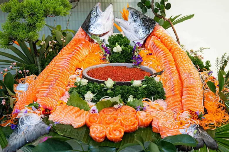 Premium salmon creations, live cooking st...