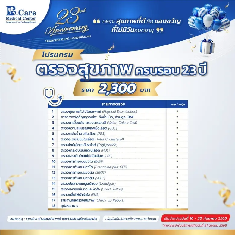 โรงพยาบาล บี.แคร์ เมดิคอลเซ็นเตอร์ ฉลองครบรอบ 23 ปี จัดกิจกรรมและมอบสิทธิพิเศษให้กับผู้รับบริการ เพื่อให้มั่นใจได้ว่า "สุขภาพที่ดี เริ่มต้นได้ที่นี่"