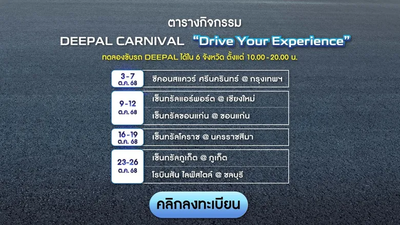 CHANGAN ชวนสัมผัสประสบการณ์ทดลองขับ DEEPAL ครบทุกรุ่น ในงาน "DEEPAL CARNIVAL: DRIVE YOUR EXPERIENCE" พร้อมโปรโมชันพิเศษภายในงาน จัดทุกภาคทั่วไทย ตลอดเดือนตุลาคม 68