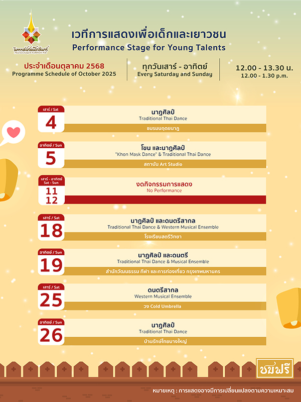 เวทีการแสดงเพื่อเด็กและเยาวชน นิทรรศน์รัตนโกสินทร์ เดือนตุลาคม
