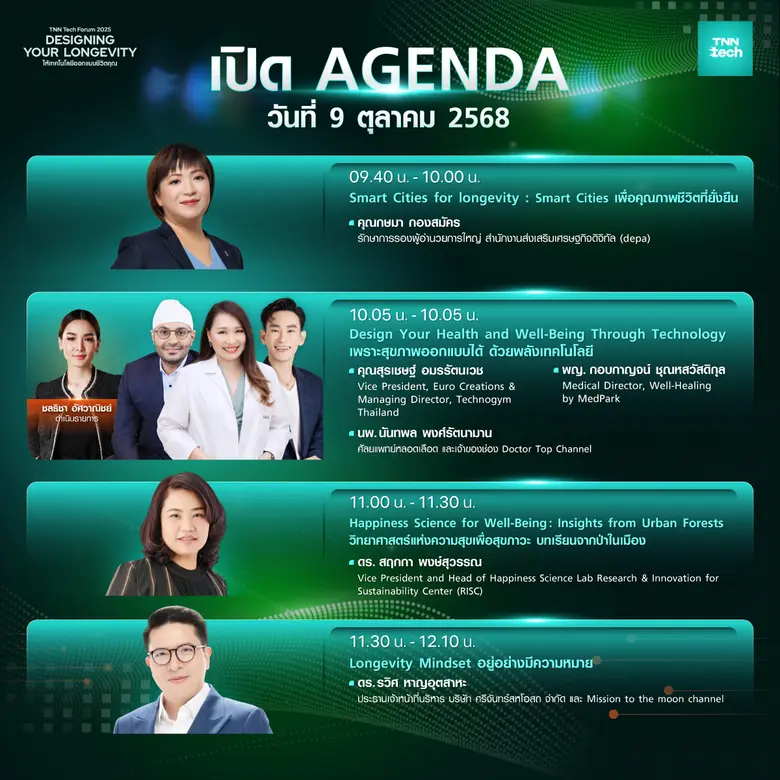 TNN Tech Forum 2025 ปล่อยผังเต็ม รวมสปีกเกอร์ตัวท็อป ชวนคนไทย "ออกแบบชีวิตยืนยาว" ด้วยเทคโนโลยีสุดล้ำ