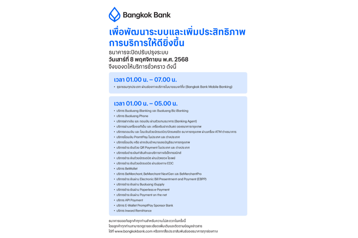 ธนาคารกรุงเทพ จำกัด (มหาชน) แจ้งขออภัยในค...