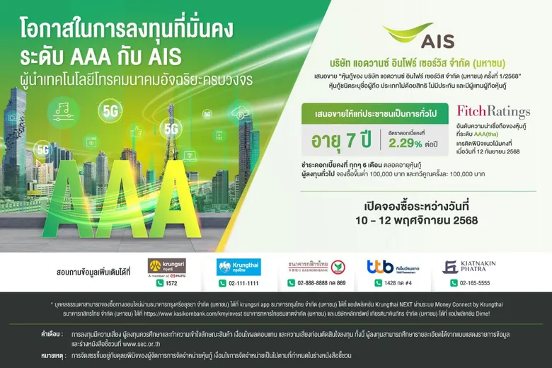 เปิดโอกาสลงทุนมั่นคง! AIS เสนอขายหุ้นกู้ 7 ปี ที่ 2.29% ต่อปี ต่อประชาชนทั่วไป ด้วยความน่าเชื่อถือระดับ AAA ระหว่างวันที่ 10 - 12 พ.ย. 68