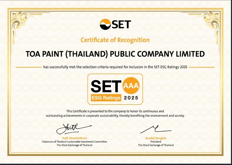 TOA ยืนหนึ่ง! คว้าหุ้นยั่งยืน ระดับสูงสุด 'AAA' จากการประเมิน SET ESG Ratings ปี 2568ตอกย้ำผู้นำอุตสาหกรรมสี - เคมีภัณฑ์ พร้อมยกระดับสู่มาตรฐานความยั่งยืนระดับสากล