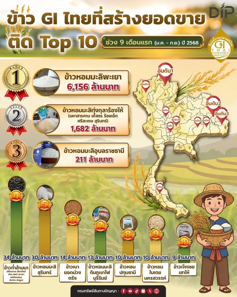 GI ยกระดับข้าวไทยหลากสายพันธุ์ สร้างมูลค่าขับเคลื่อนเศรษฐกิจ 3 ไตรมาสแรกของปี 2568 กว่า 8,000 ล้านบาท