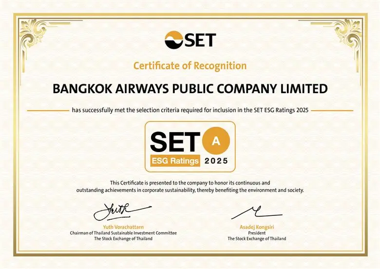 บางกอกแอร์เวย์ส (BA) คว้าหุ้นยั่งยืน "ระดับ A" จาก SET ESG Ratings 2025
