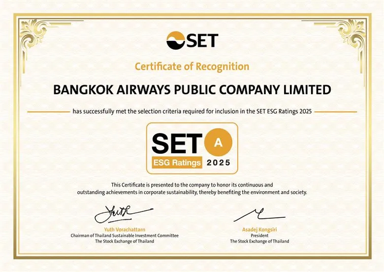 บางกอกแอร์เวย์ส (BA) คว้าหุ้นยั่งยืน "ระดับ A" จาก SET ESG Ratings 2025