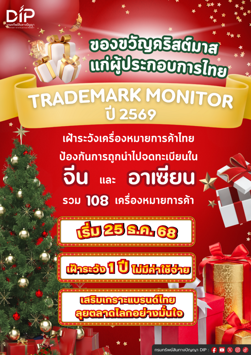กรมทรัพย์สินทางปัญญา มอบของขวัญคริสต์มาสแก่ SMEs ไทย เปิดตัวโครงการเฝ้าระวังเครื่องหมายการค้าไทยถูกนำไปจดในต่างประเทศ (Trademark Monitor) ปี 69 เสริมเกราะแบรนด์ไทยลุยตลาดโลก