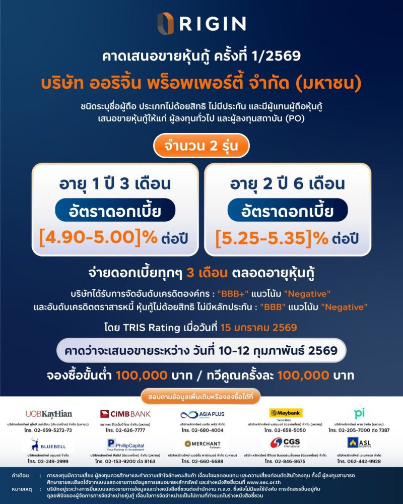 ออริจิ้น พร็อพเพอร์ตี้ คาดว่าจะเสนอขายหุ้...