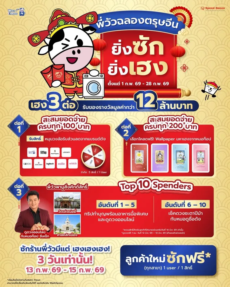 'WASH' จัดโปรแรง "พี่วัวฉลองตรุษจีน ยิ่งซัก ยิ่งเฮง" ลุ้นโชคมหาเฮง 3 ต่อ ลุ้นรางวัลรวมกว่า 12 ล้านบาท