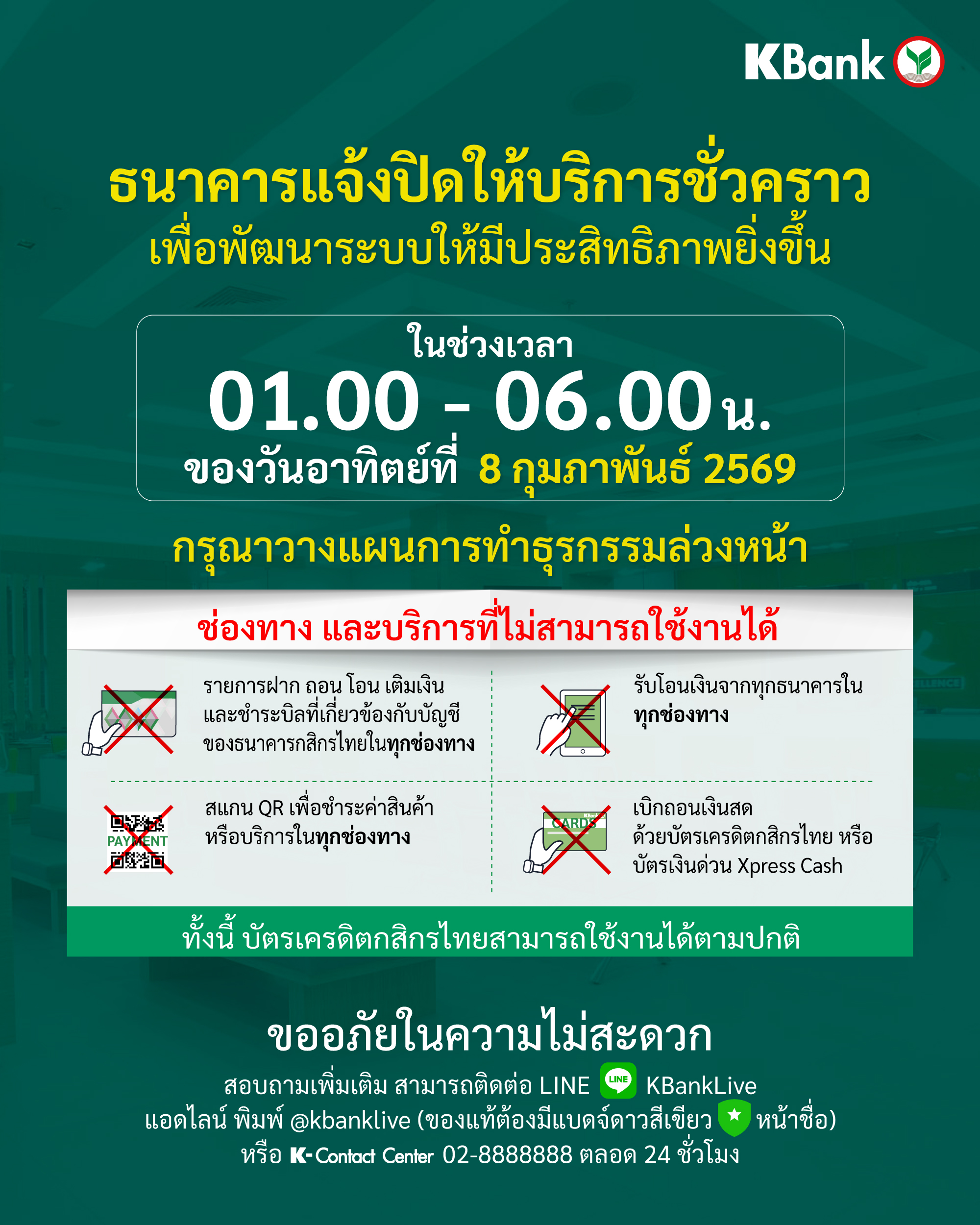 ธนาคารกสิกรไทยแจ้งปิดให้บริการชั่วคราว เพ...