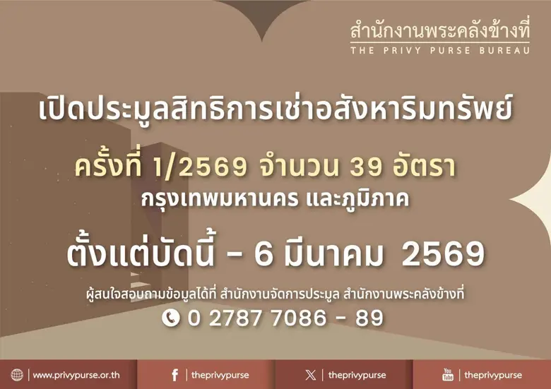 สำนักงานพระคลังข้างที่ เปิดประมูลสิทธิการเช่าอสังหา...