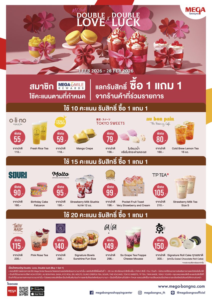 เมกาบางนา เติมเต็มความสุขคูณสอง รับตรุษจีนและเดือนแห่งความรัก กับแคมเปญ "MEGA DOUBLE LOVE X DOUBLE LUCK" สมาชิกเมกา สไมล์ รีวอร์ดส ใช้คะแนนแลกรับสิทธิ์ "ซื้อ 1 แถม 1" เมนูอร่อยถูกใจ จาก 12 ร้านดัง ตั้งแต่ 1 - 28 ก.พ. 69 ที่ศูนย์การค้าเมกาบางนา