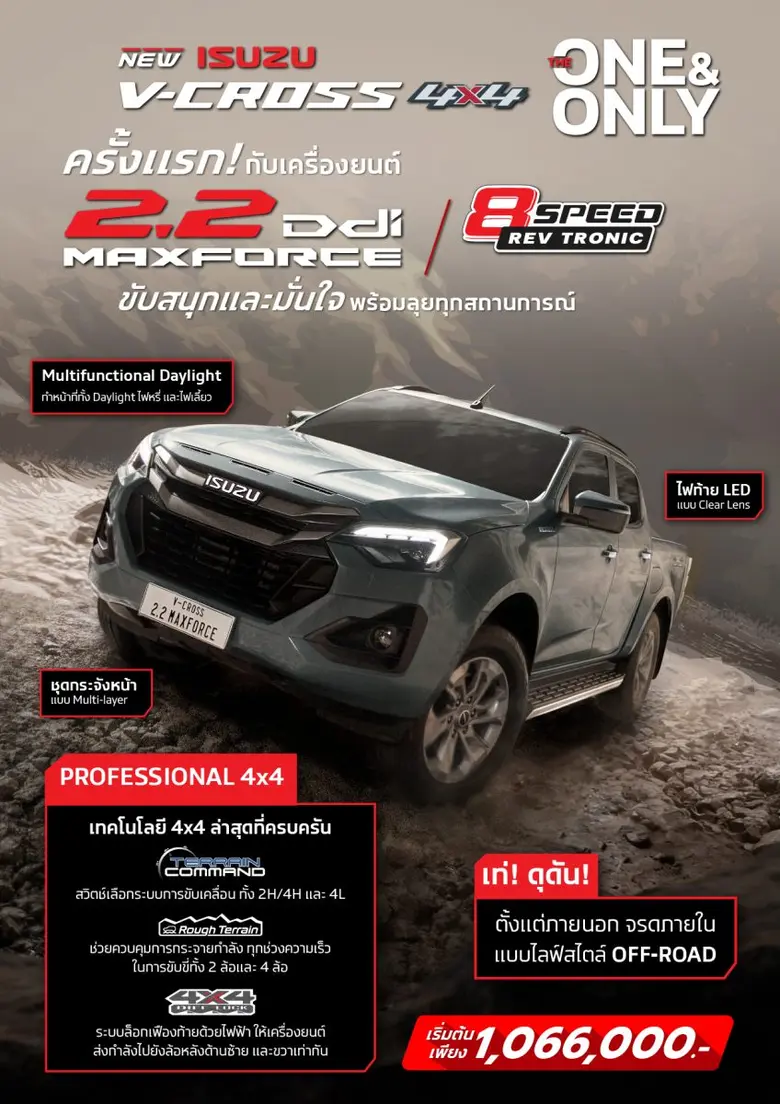 อีซูซุขยายไลน์อัพเอาใจสายลุย เพิ่มเครื่องยนต์ 2.2 Ddi MAXFORCE ใน New! ISUZU V-CROSS 4x4 "THE ONE &amp; ONLY" และ MU-X "THE NEXT PEAK" 4WD