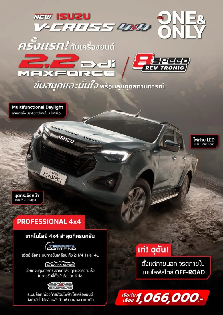 อีซูซุขยายไลน์อัพเอาใจสายลุย เพิ่มเครื่องยนต์ 2.2 Ddi MAXFORCE ใน New! ISUZU V-CROSS 4x4 "THE ONE & ONLY" และ MU-X "THE NEXT PEAK" 4WD