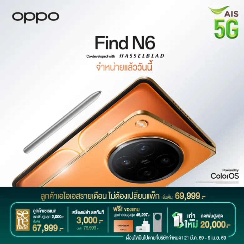 OPPO Find N6 เรียบกว่า อิสระกว่า ทรงพลังทุกมิติ พร้อมจับมือ AIS มอบโปรสุดคุ้ม ราคาเริ่มต้น 67,999 บาท
