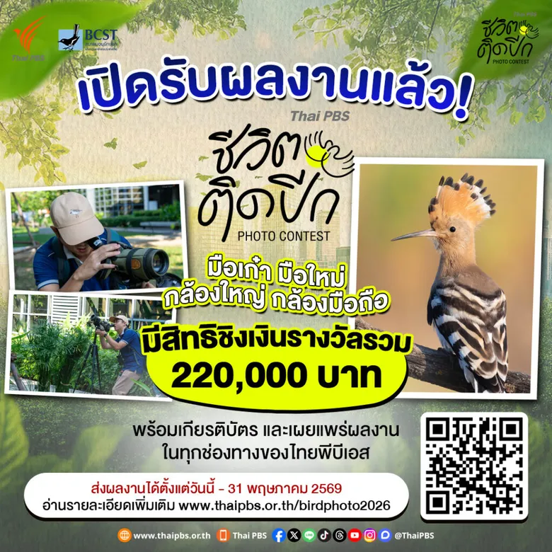 ไทยพีบีเอส เปิดบ้าน "ดูนก | มองเมือง | ส่องใจ" ชวนประกวดภาพนก "ชีวิตติดปีก" ชิงรางวัลกว่า 2 แสนบาท
